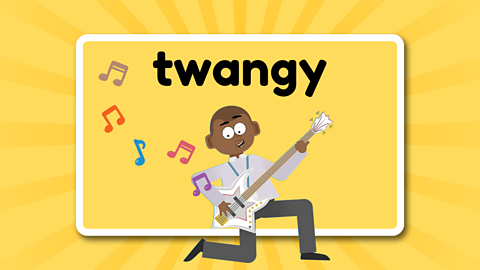 The word twangy above a guitarist playing a twangy tune with musical note floating from the guitar.