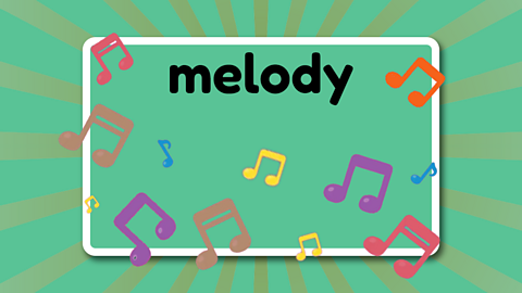 The word melody surrounded by musical notes.