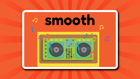 The word smooth above music decks and records playing. Music notes are rising from the records.