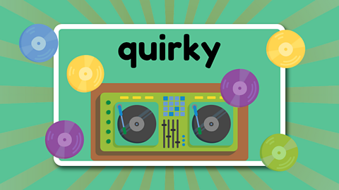 The word quirky above music decks and various coloured vinyl records.