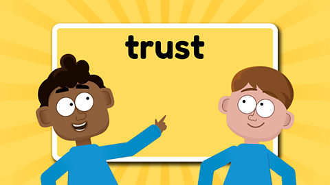 The word trust above two children, one of whom is pointing to the word trust.