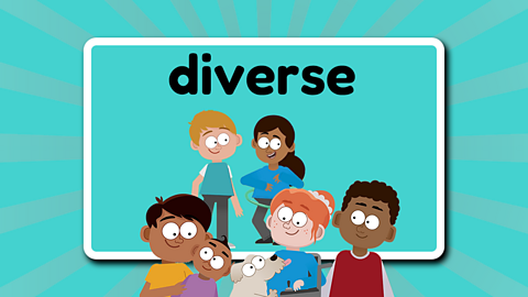 The word diverse above a mix of children, a baby and a dog.