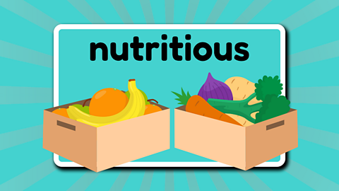 The word nutritious above boxes of fruit and vegetables.