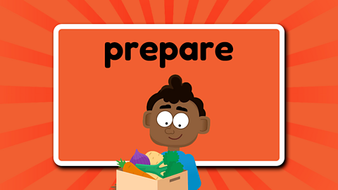 The word prepare above a child holding a box of vegetables.