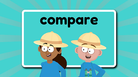 The word compare above two smiling children wearing hats.