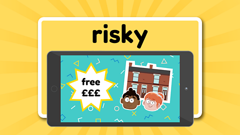 The word risky above a tablet device with a pop up saying players can win free money. There are also some houses and two children's heads on the screen.