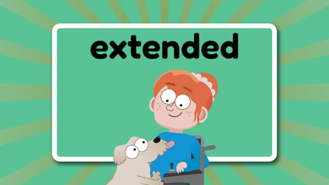 The word extended above a wheelchair user and her affectionate dog.