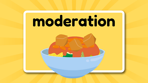 The word moderation above a bowl of sticky toffees and beans.