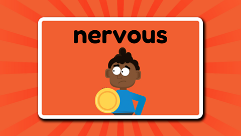 The word nervous above a nervous looking child holding a frisbee.