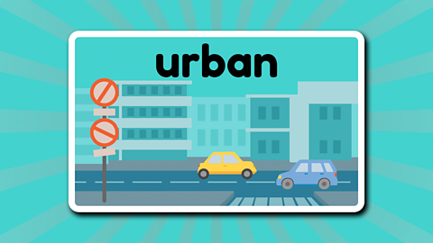 A street full of busy traffic underneath the word 'urban'