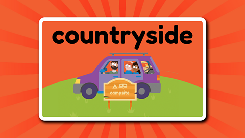 A parent and two children in a car parked next to a campsite, underneath the word'countryside'