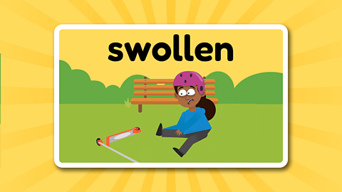 A girl who has fallen off her scooter clutching her ankle underneath the word 'swollen'