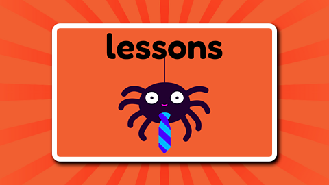 A very well dressed spider wearing a tie swinging by a thread from the word 'lessons'