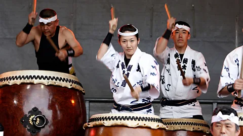 Japanese Taiko drummers playing at the Hamburg Harbor Festival