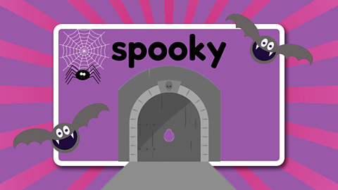 The word spooky above a spooky looking castle door.
