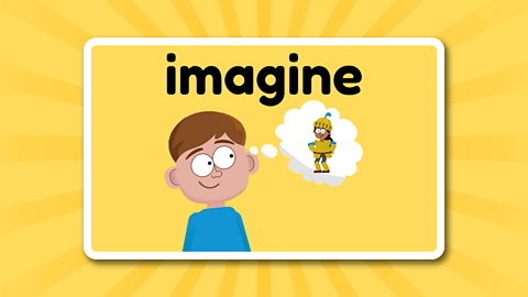 The word imagine above a smiling child with a thought bubble, imagining a courageous knight.