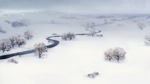 Illustration of a snowy river and fields by the artist Charlie Mackesy