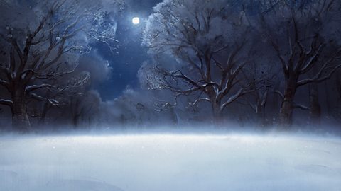 Illustration of a snowy forest with a bright moon by the artist Charlie Mackesy