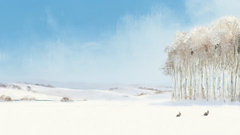 Illustration of snowy fields and a blue sky, by the artist Charlie Mackesy