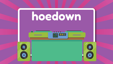 The word hoedown above music decks and speakers.