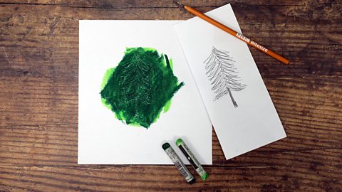 A drawing of a tree drawing into oil pastels