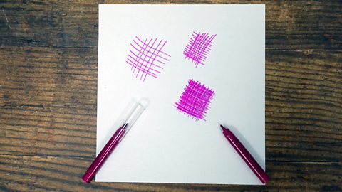 Three drawings made using the criss-cross technique or hatching