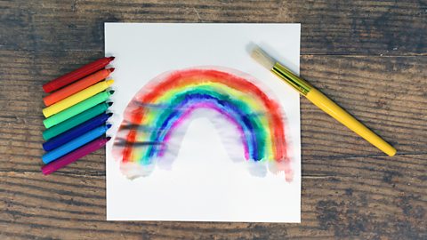 Rainbow drawing using felt tip markers and a wet brush