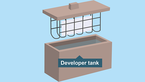 Diagram of PCB being lowered into a etching tank labelled