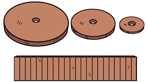 1 large wheel, 1 medium wheel, 1 small wheel and the piece of exposed corrugation from the previous piece of cardboard.