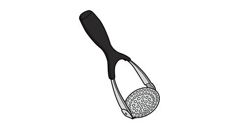 A metal masher with a black handle