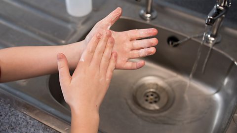 A child's hands washing hands with soap at a sink. The tap is running.