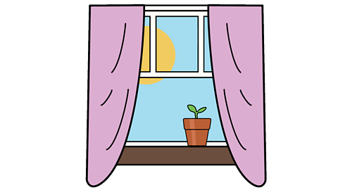 A window with lilac curtains, a little plant in a pot on the windowsill and a blue sky and sunshine in the background