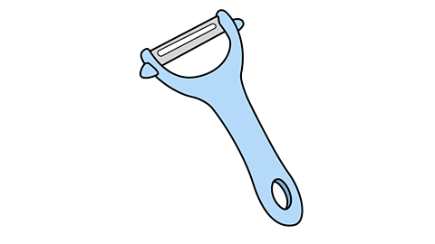 An illustrated blue Y-shaped vegetable peeler