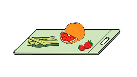 An illustrated green chopping board with cucumber sticks, two strawberries and a whole grapefruit with a segment