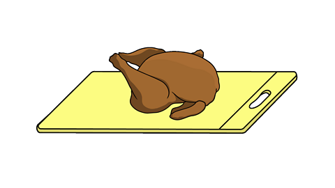 An illustrated yellow chopping board with a full cooked chicken on top