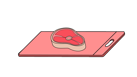 An illustrated red chopping board with a piece of raw meat on top