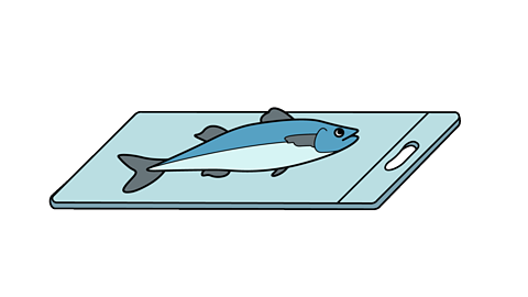 An illustrated blue chopping board with a whole raw fish on top