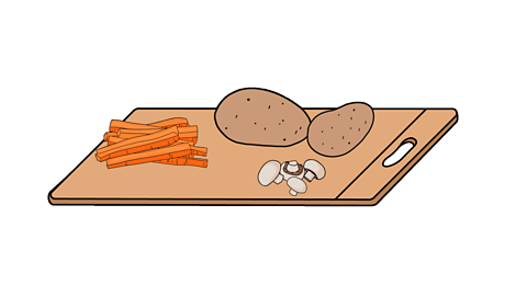 An illustrated brown chopping board with carrot sticks, two potatoes and four mushrooms