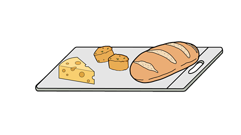 An illustrated white chopping board with a block of cheese, two scones and a loaf of bread on top