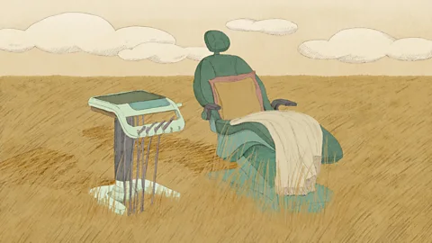 Illustration of a dentist's chair in a field (Credit: Prashanti Aswani)