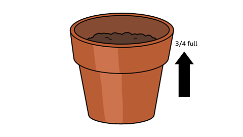 A terracotta plant pot filled three quarters of the way up with soil. There is an arrow pointing to the three quarters full mark.