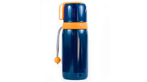 A blue plastic children's water bottle, with a cartoon character