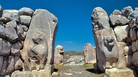 The remains of the Lion Gare at Hattusa - only stone pillars in the shape of Lions are left.