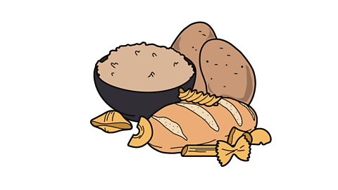 An illustrated bowl of brown rice, a loaf of bread, several dried pasta shapes and two potatoes