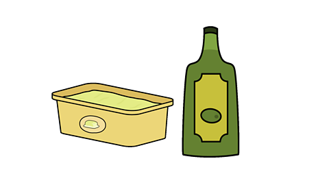 An illustration of a tub of spread and a bottle of olive oil