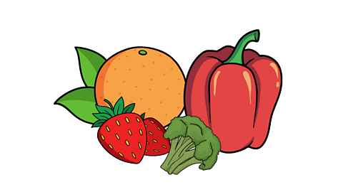 An illustration of an orange, two strawberries, a floret of broccoli and a red pepper