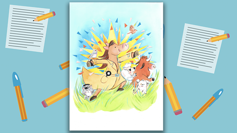 An illustration of the story Pony with a Coat - Solving Crimes. A cartoon drawing of a pony wearing a brown trench coat, surrounded by farm animals. 