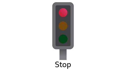 A red traffic light and the word stop