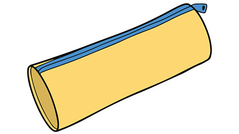 A cylindrical yellow pencil case with a blue zip