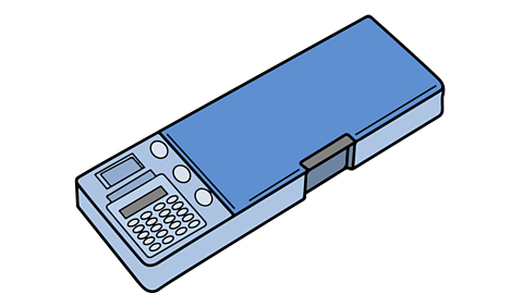 A hard blue plastic box shaped pencil case with a lid and a built-in calculator